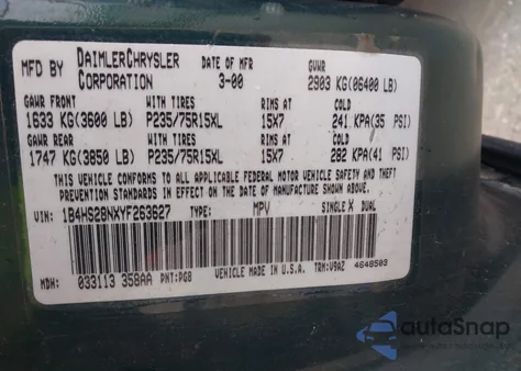 2000 Dodge Durango из США, поврежденный, VIN 1B4HS28NXYF263627